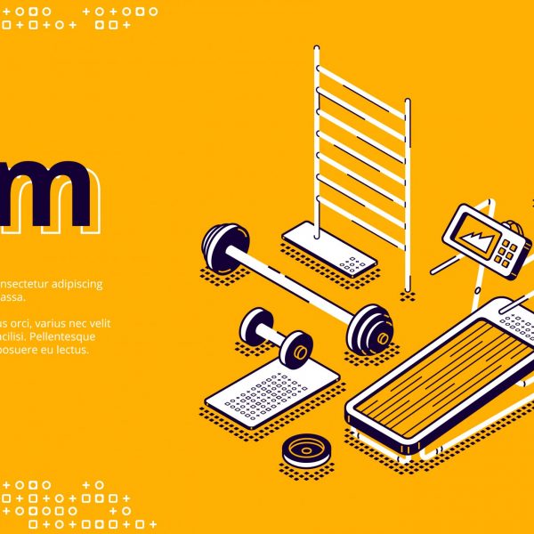 Gym isometric landing page, fitness equipment and stuff treadmill, barbell and dumbbells, empty room for workout training on yellow background, 3d vector illustration in line art style, web banner